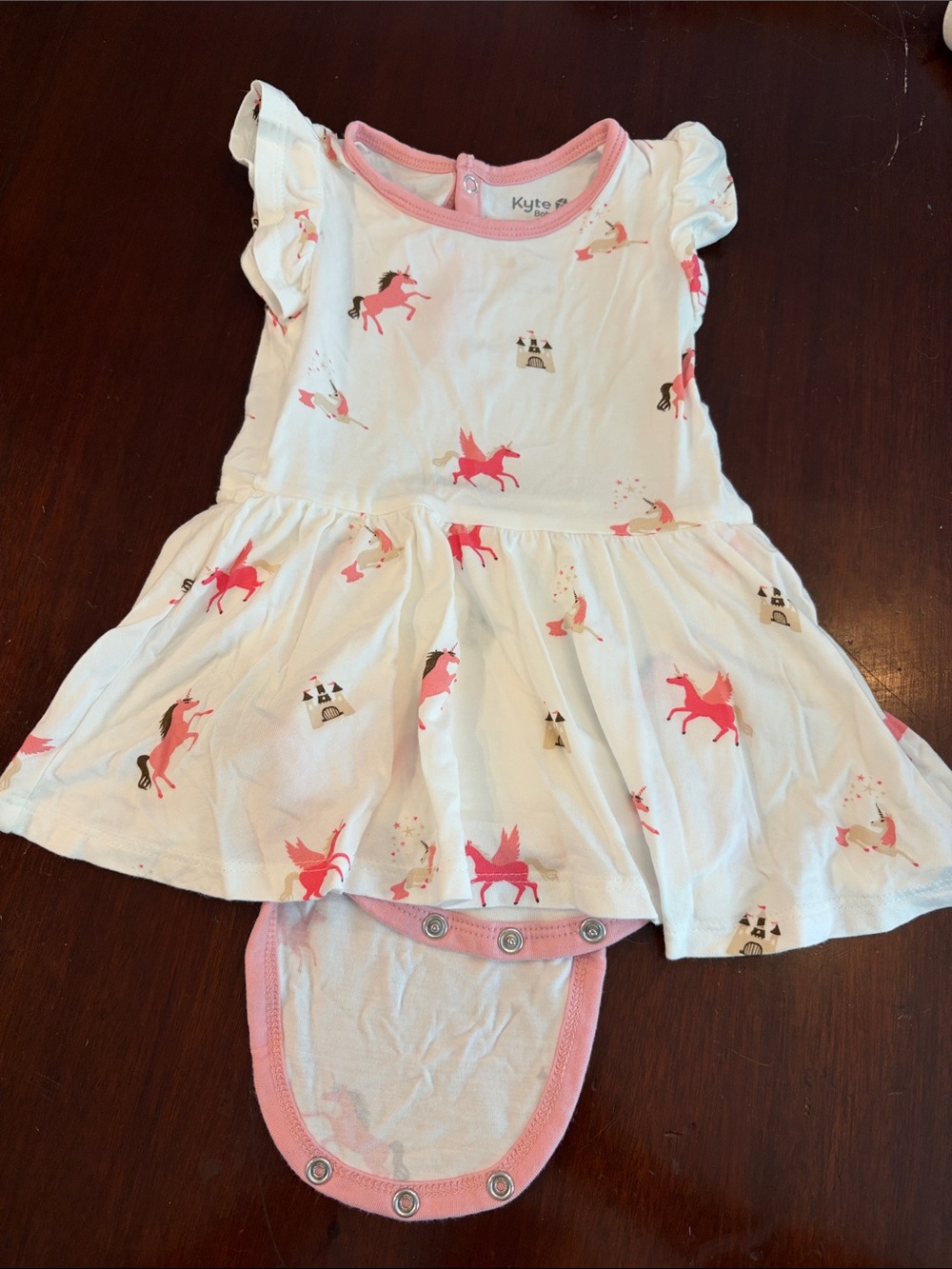 Kyte BABY White & Pink Unicorn Flutter-Sleeve Dress Bodysuit